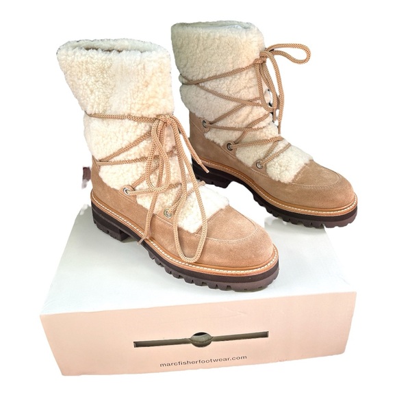 MARC FISHER Isha Shearling and Suede Lace Up Boots Size 8 Winter Snow Mid Calf - Picture 1 of 5